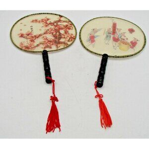 Asian Silk Paddle Fans Hand Paint Cherry Blossom Black Wood Handle Tassels Vtg